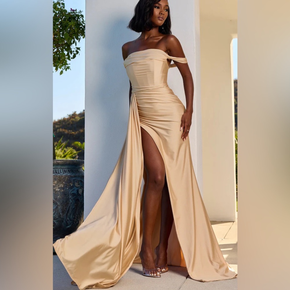 JERSEY CORSET GOWN W/ SASH- CHAMPAGNE LARGE